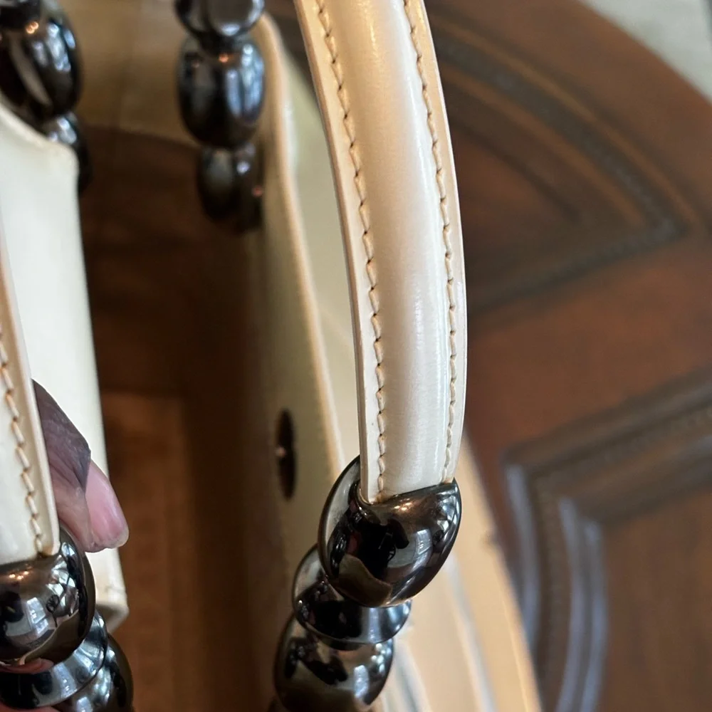 Polished Christian Dior Tan Patent Shoulder Bag with Glossy Bead Handles - Picture 9 of 13